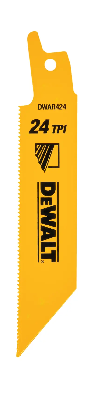 A yellow DEWALT reciprocating saw blade with black text showing '24 TPI' and model number DWAR424. The blade is vertically oriented with sharp teeth along one edge.