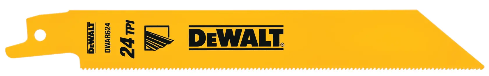 A yellow DEWALT reciprocating saw blade with 24 teeth per inch (TPI), featuring the DEWALT logo and product details printed on the blade.