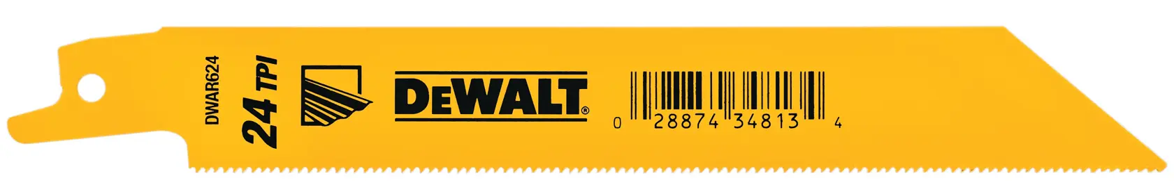 A yellow DEWALT reciprocating saw blade with 24 TPI (teeth per inch), product SKU DW4813B, designed for precision cutting. The blade has a barcode and DEWALT branding.