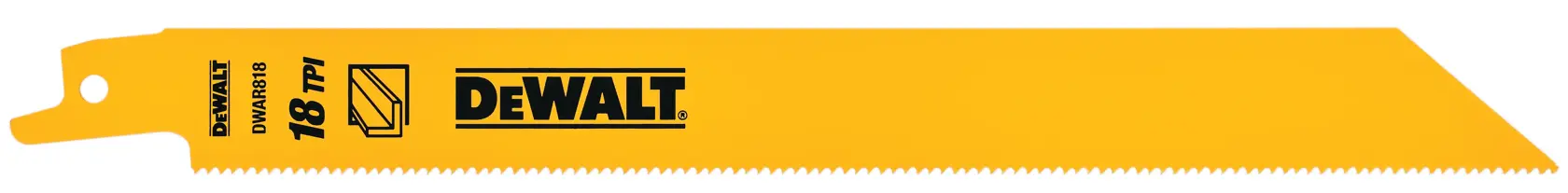 A yellow DEWALT reciprocating saw blade with fine teeth, labeled as 18 TPI, designed for cutting metal.