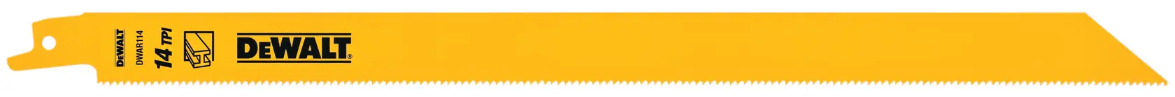 A yellow DEWALT reciprocating saw blade with fine teeth, labeled 14 TPI, designed for cutting metal.