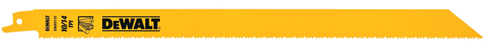A yellow DEWALT reciprocating saw blade with a straight edge and serrated teeth, designed for cutting applications.