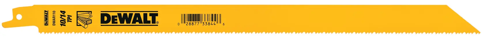 A yellow DEWALT reciprocating saw blade with serrated teeth, showing product information and barcode.