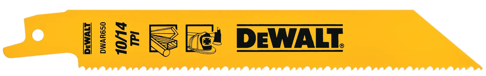 A yellow DEWALT reciprocating saw blade, model DW4845B, featuring printed icons and specifications, with sharp teeth along the edge.