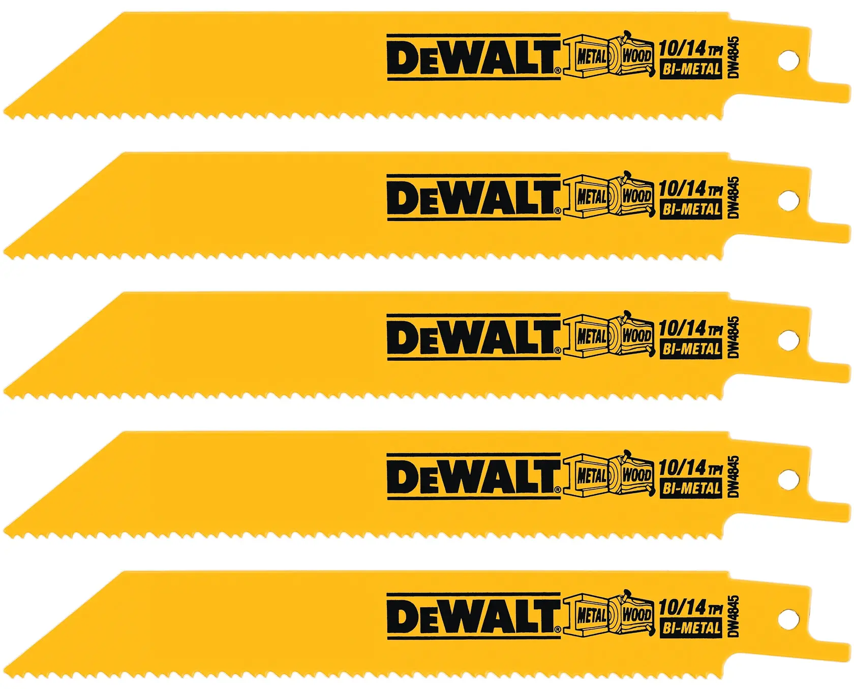 Five yellow DEWALT bi-metal reciprocating saw blades arranged in a row. Each blade is labeled with the DEWALT logo, indicates it is suitable for cutting metal and wood, and specifies 10/14 teeth per inch. The model number DW4845 is printed on each blade.