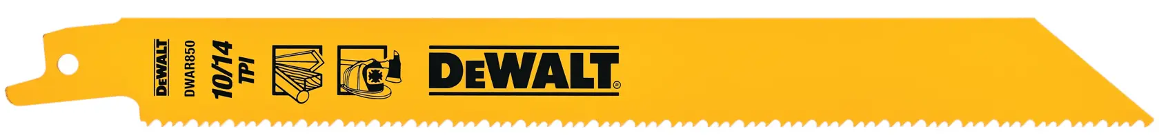 A yellow DEWALT reciprocating saw blade with sharp teeth, model DW4846, designed for cutting materials. The blade displays the DEWALT logo and technical details.