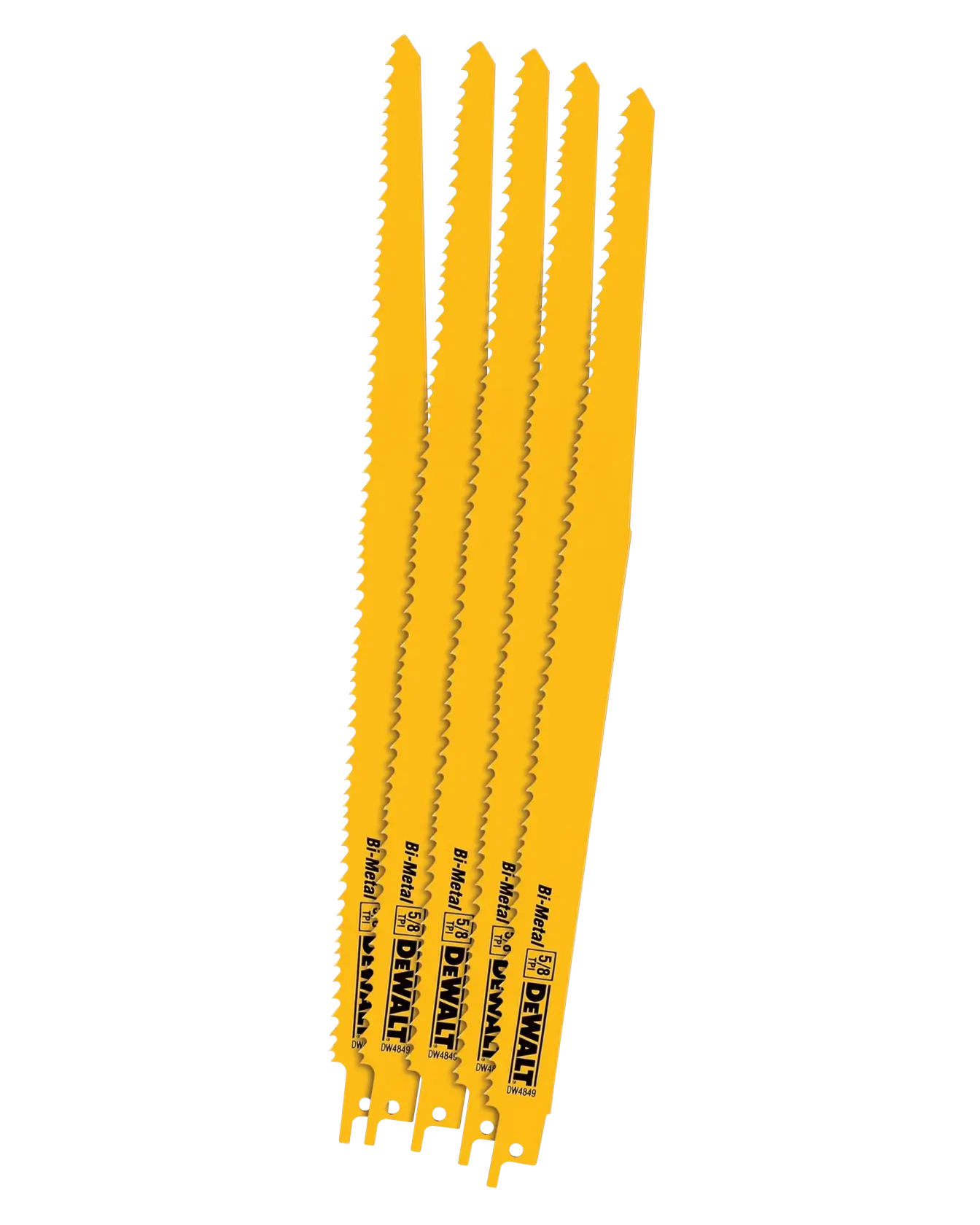 Five yellow DEWALT reciprocating saw blades arranged side by side, each labeled for use with bi-metal materials.