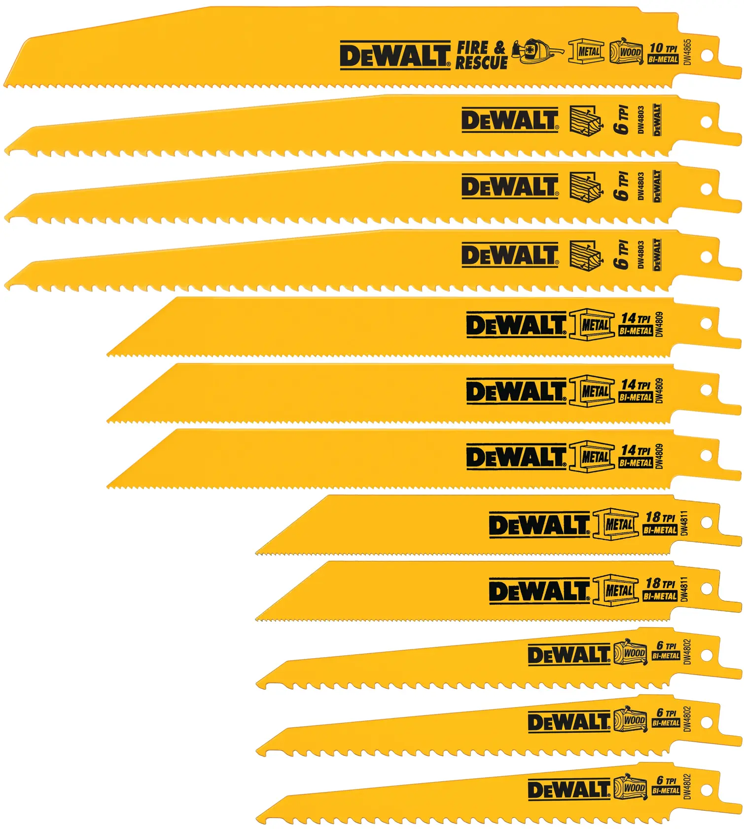 A set of ten yellow DEWALT reciprocating saw blades arranged in a row. Each blade has black printed text indicating its application, such as metal, wood, fire and rescue, and its TPI (teeth per inch). The blades are made from bi-metal material and vary in length and tooth configuration.