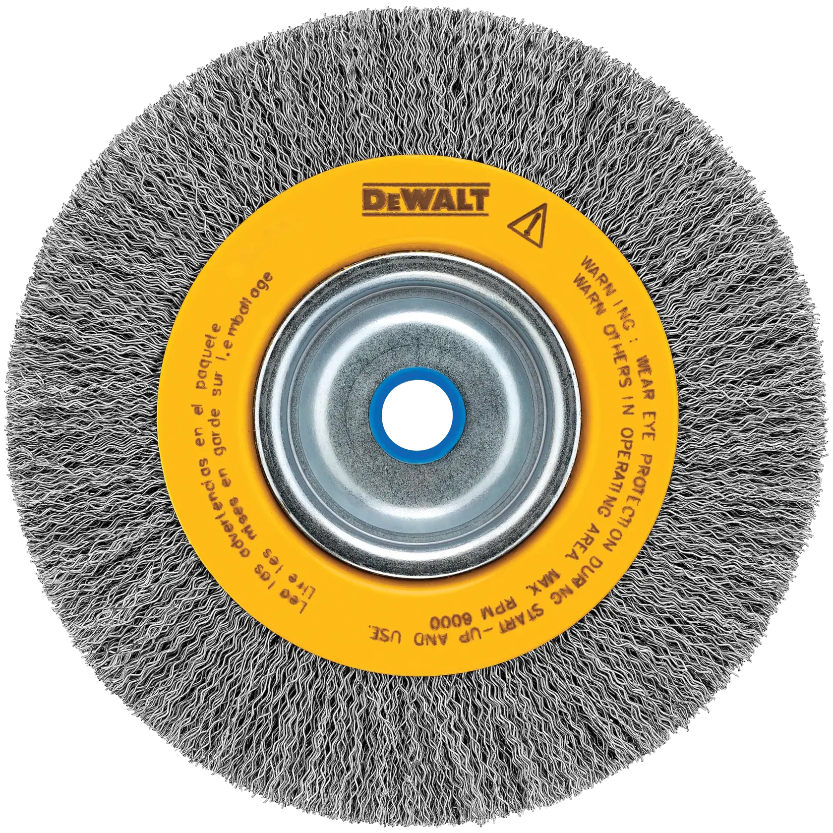 A DEWALT branded wire wheel brush with a yellow central ring and metal bristles, designed for cleaning and surface preparation tasks.