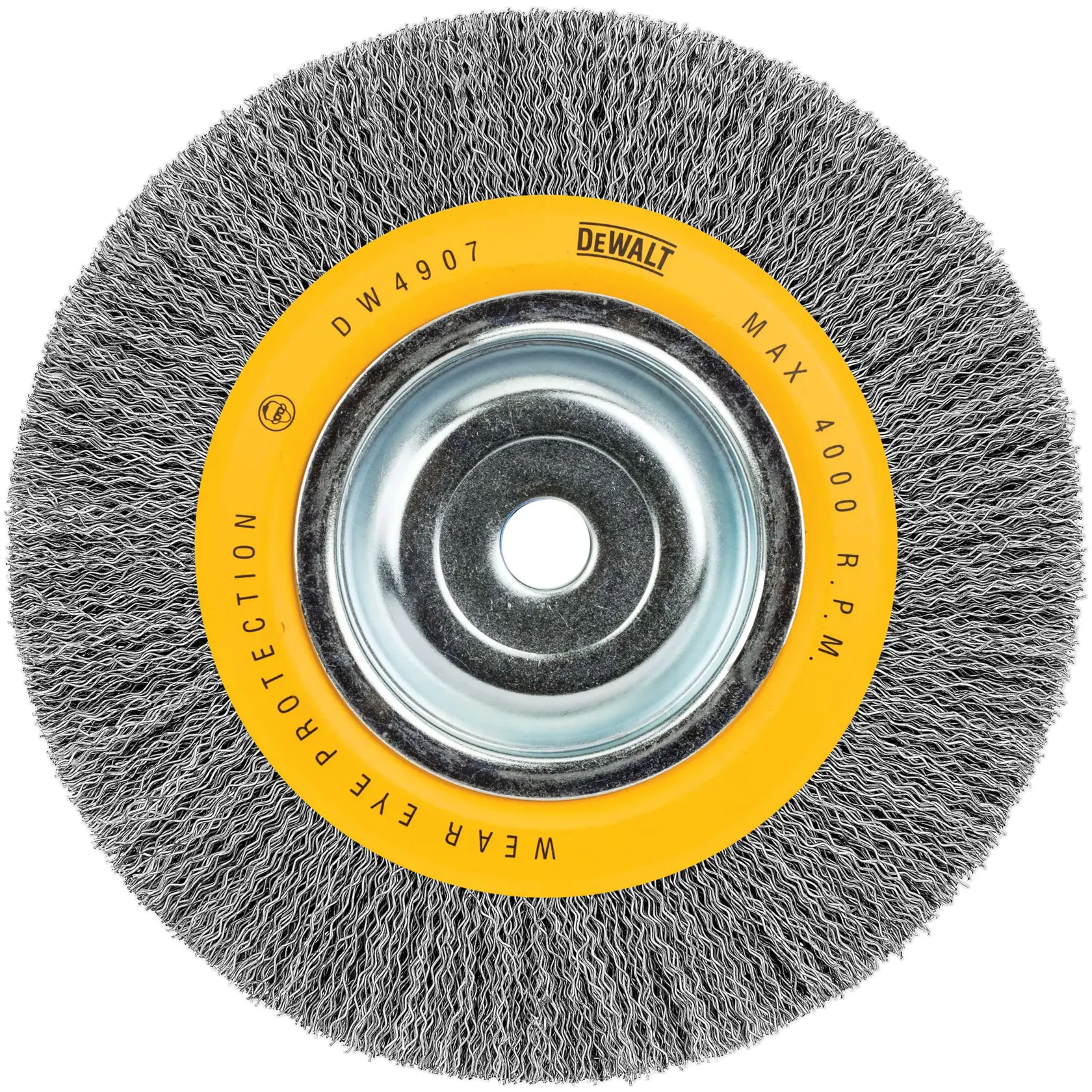 A close-up image of a DEWALT DW4907 wire wheel brush, featuring steel bristles and a yellow ring with product details and safety information.