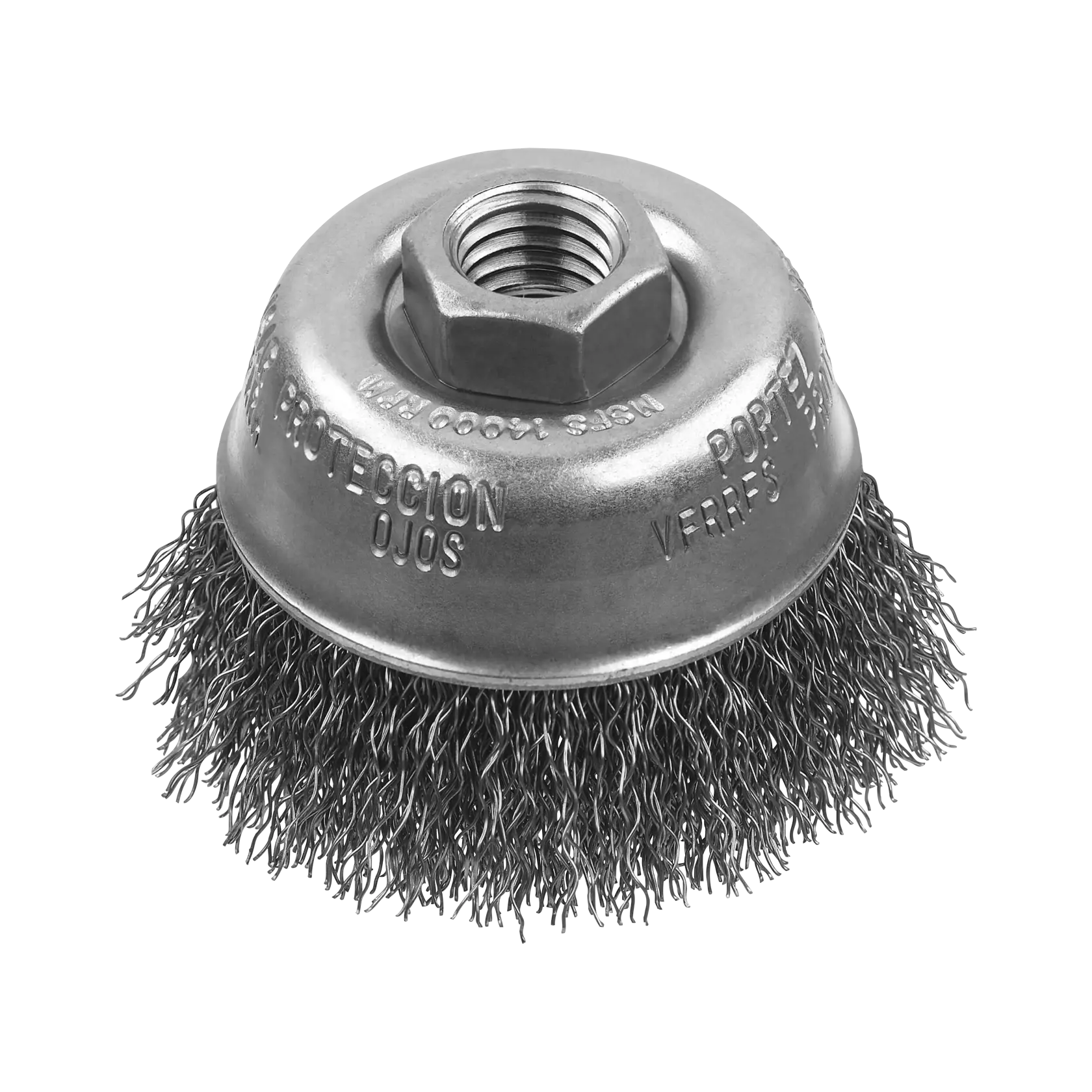 A close-up image of a metal cup brush with twisted wire bristles and a threaded nut for attachment, typically used for cleaning, polishing, or removing rust from surfaces.