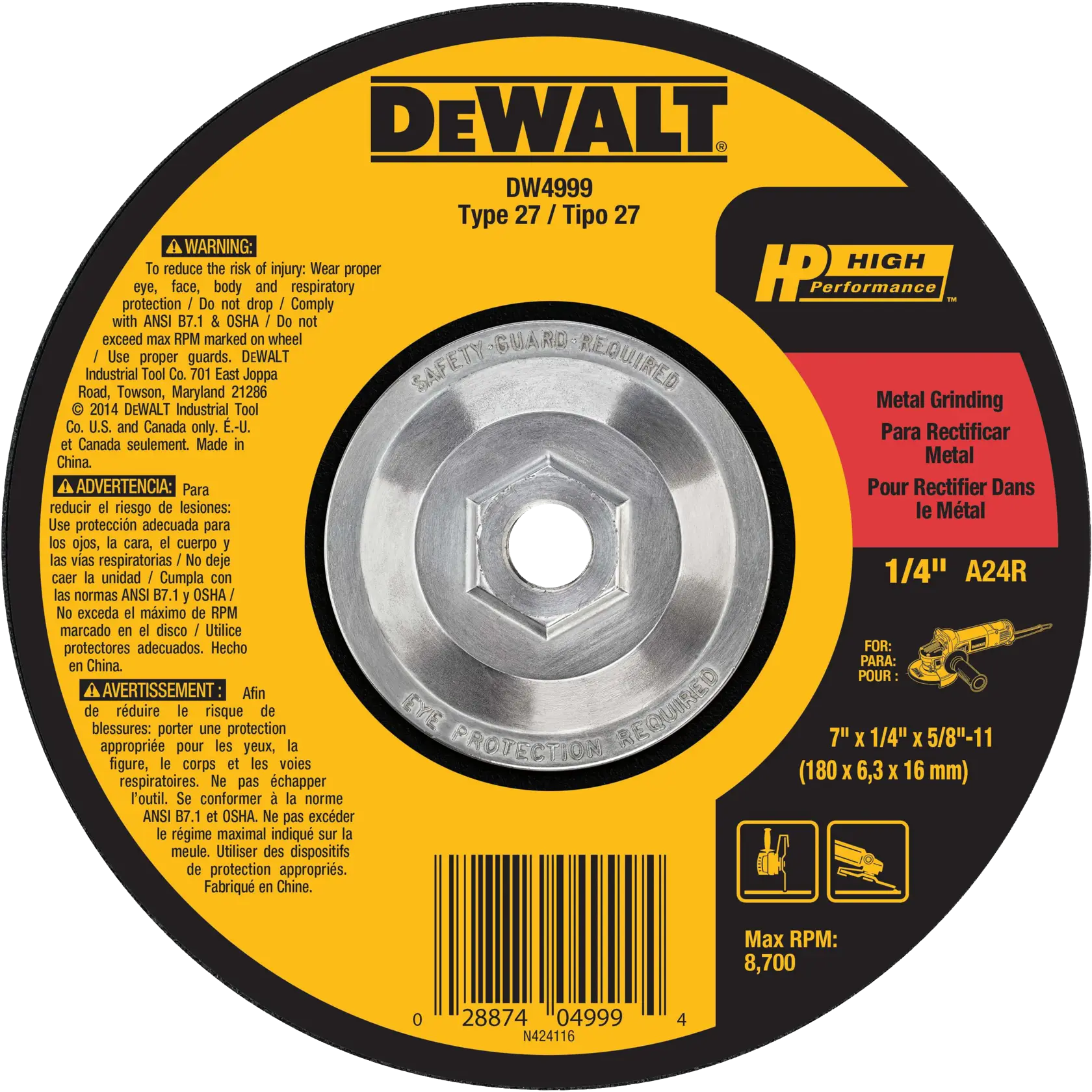 A DEWALT DW4999 Type 27 metal grinding wheel for angle grinders. The wheel is yellow and black with product information, usage warnings in English, Spanish and French, and specifications including 7 inch diameter, 1/4 inch thickness, 5/8-11 arbor, and maximum RPM of 8,700.