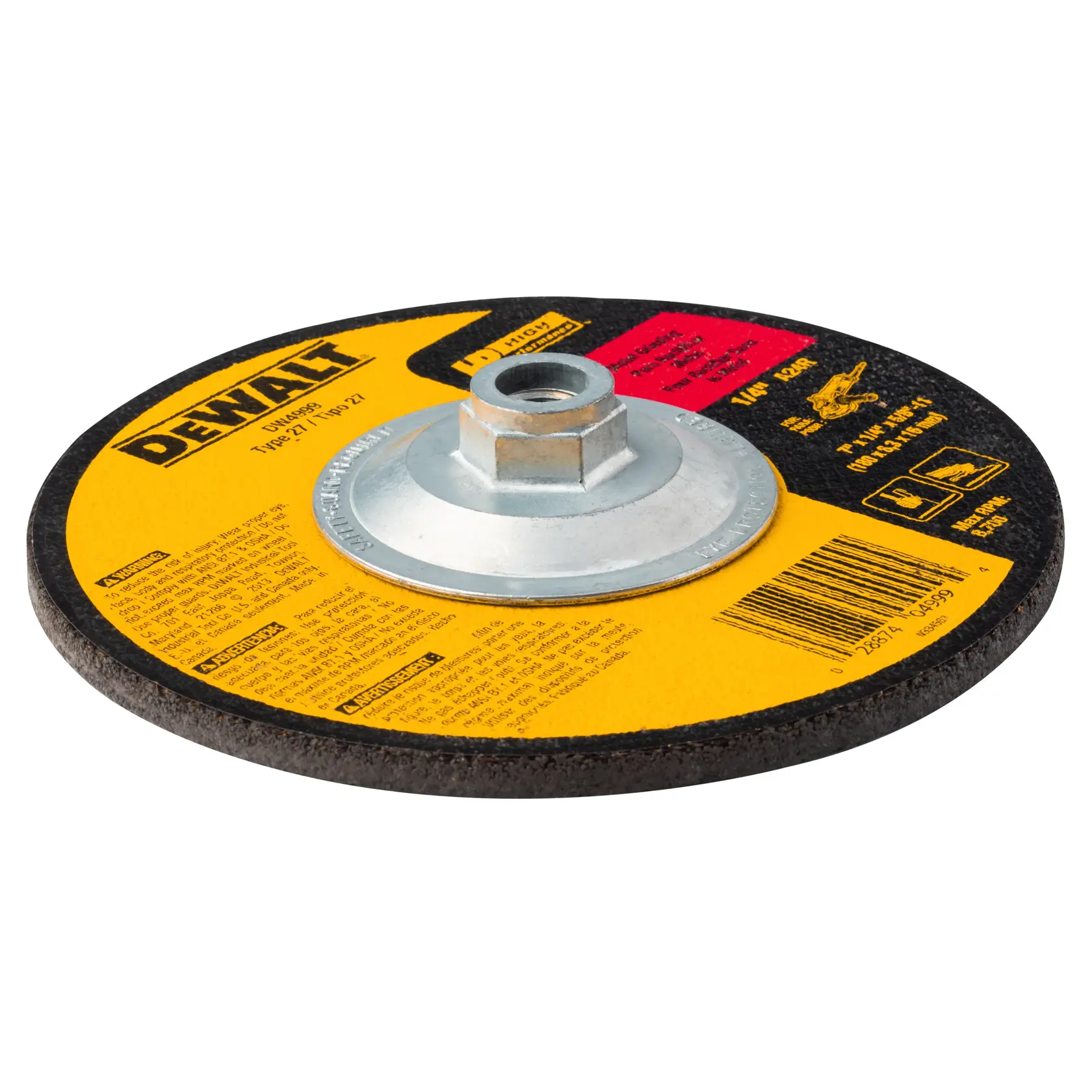 A DEWALT branded grinding wheel with a metal center and yellow label, designed for use with power tools.