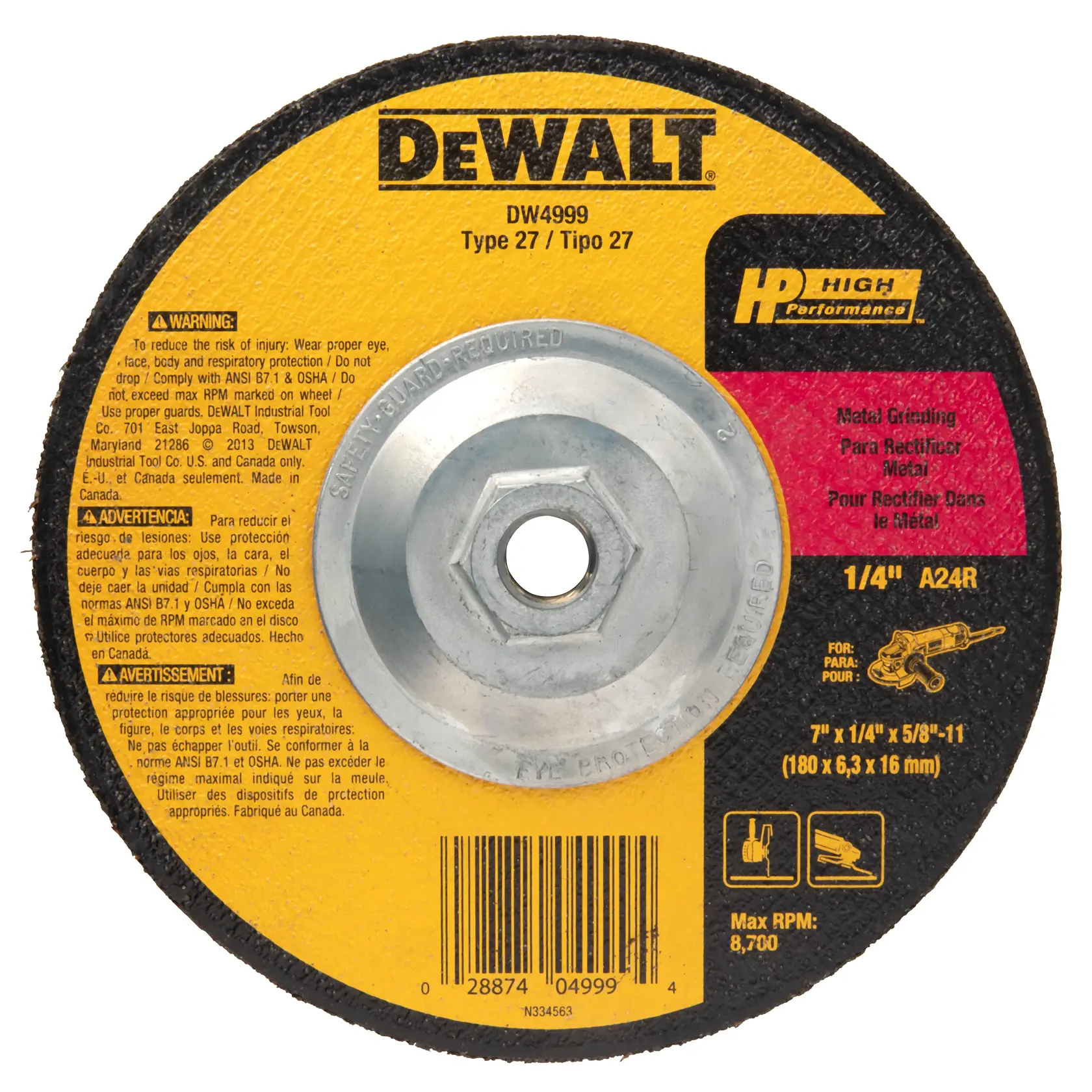 A DEWALT DW4999 Type 27 metal grinding wheel, showing caution instructions and specifications including size (7 inch x 1/4 inch x 5/8-11), max RPM of 8,700, and recommended use with proper safety equipment.
