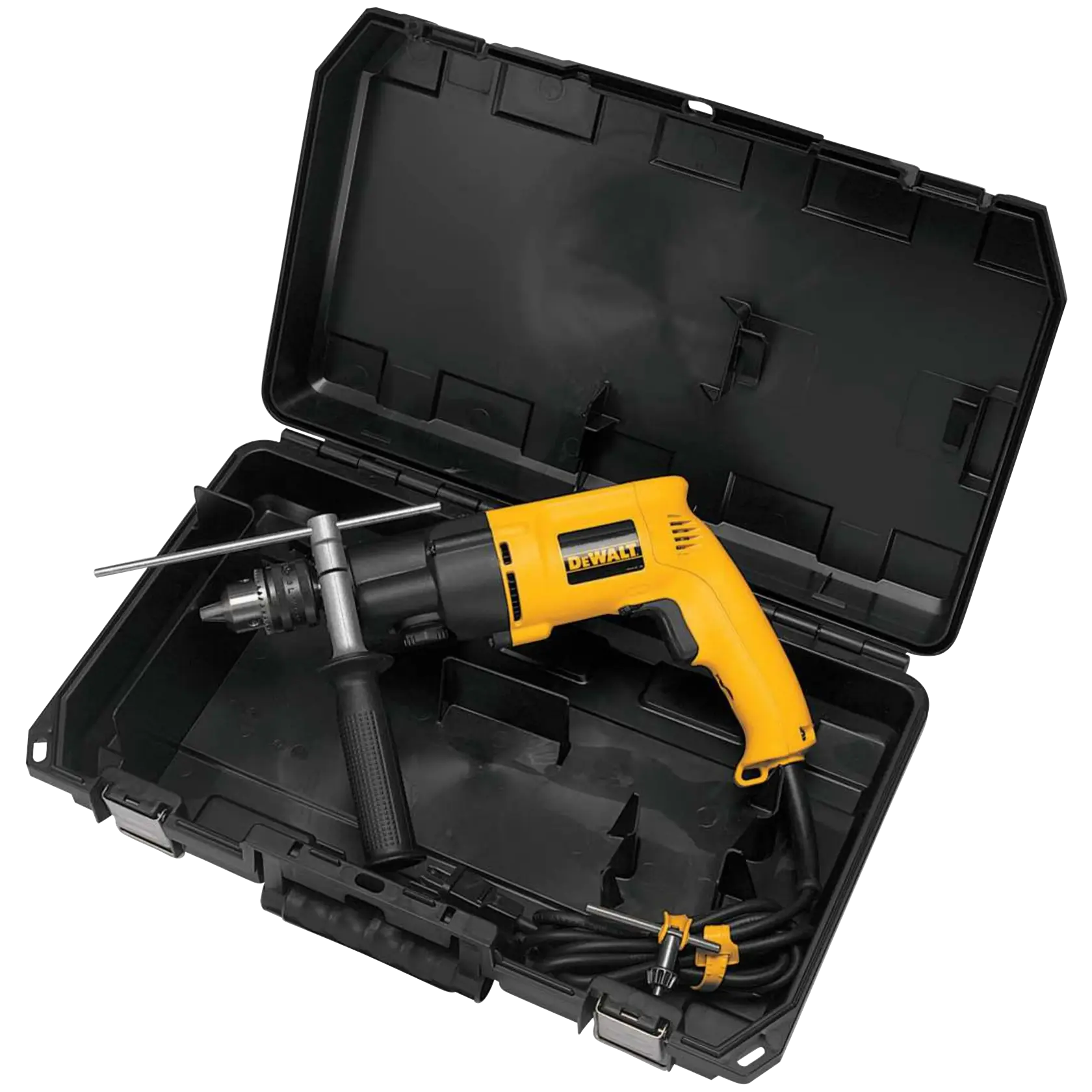 A yellow and black DEWALT electric drill with a side handle, shown inside an open hard plastic carrying case.