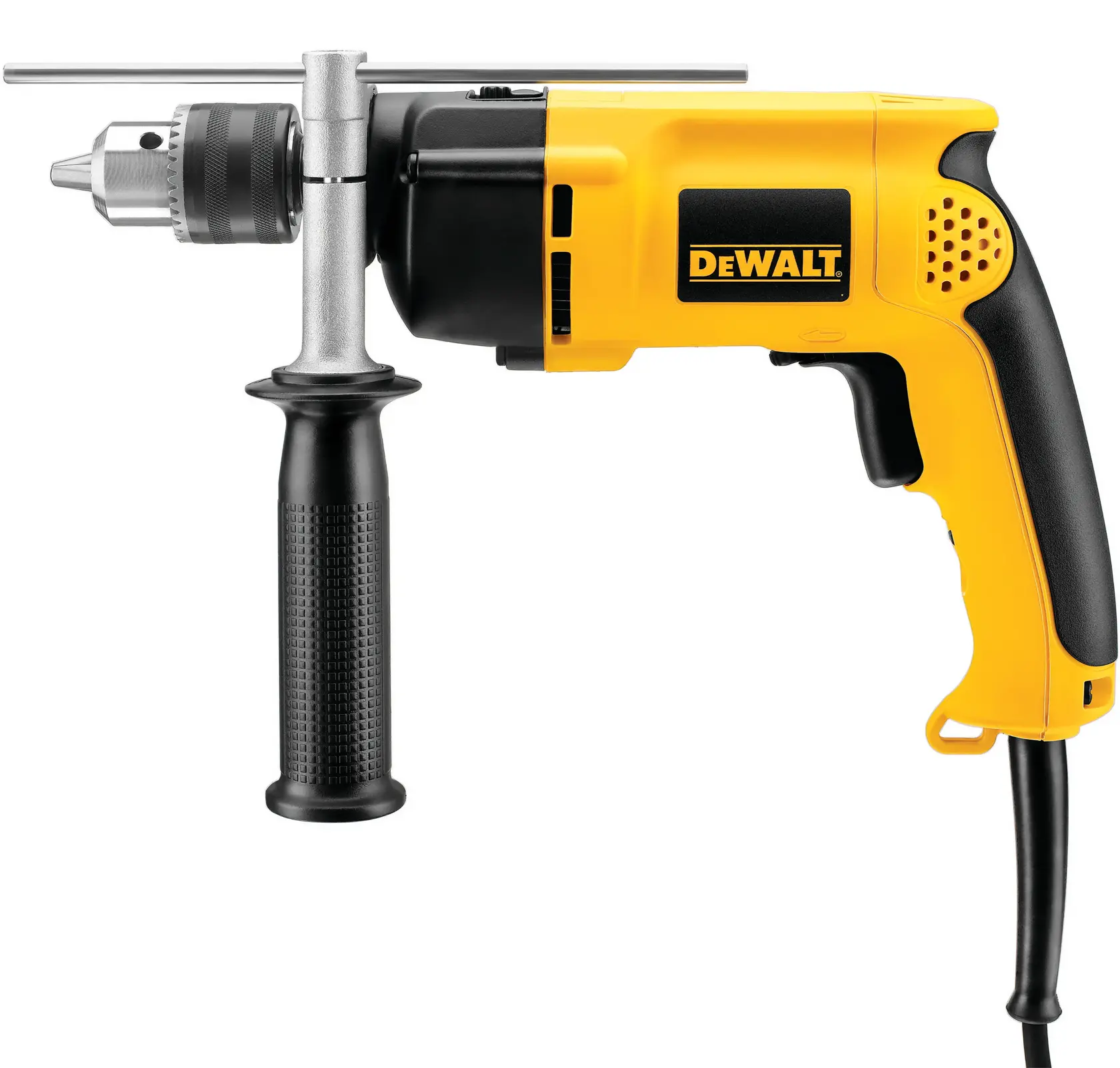 A DEWALT DW511 corded electric drill with side handle and depth rod, shown in yellow and black colors.