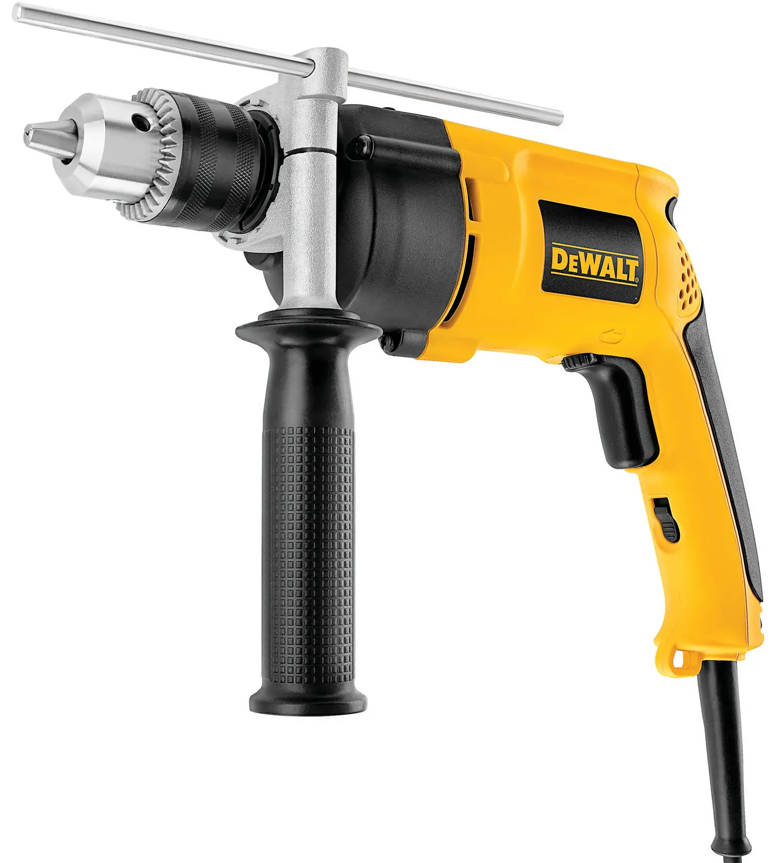 A yellow and black DEWALT electric drill with a side handle and metal chuck key, shown against a white background.