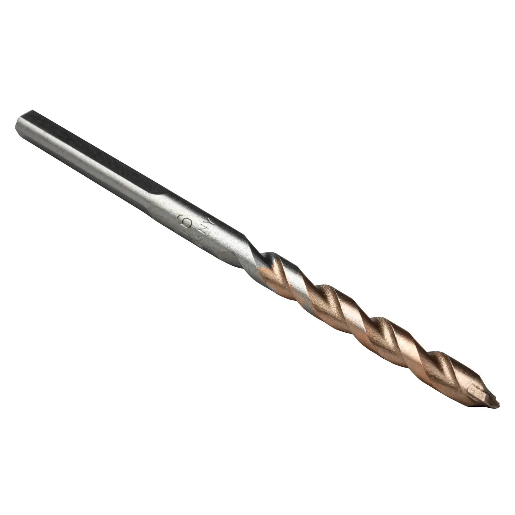 A close-up image of a DEWALT masonry drill bit with a silver and gold spiral design, used for drilling into hard materials such as concrete, brick, or stone.
