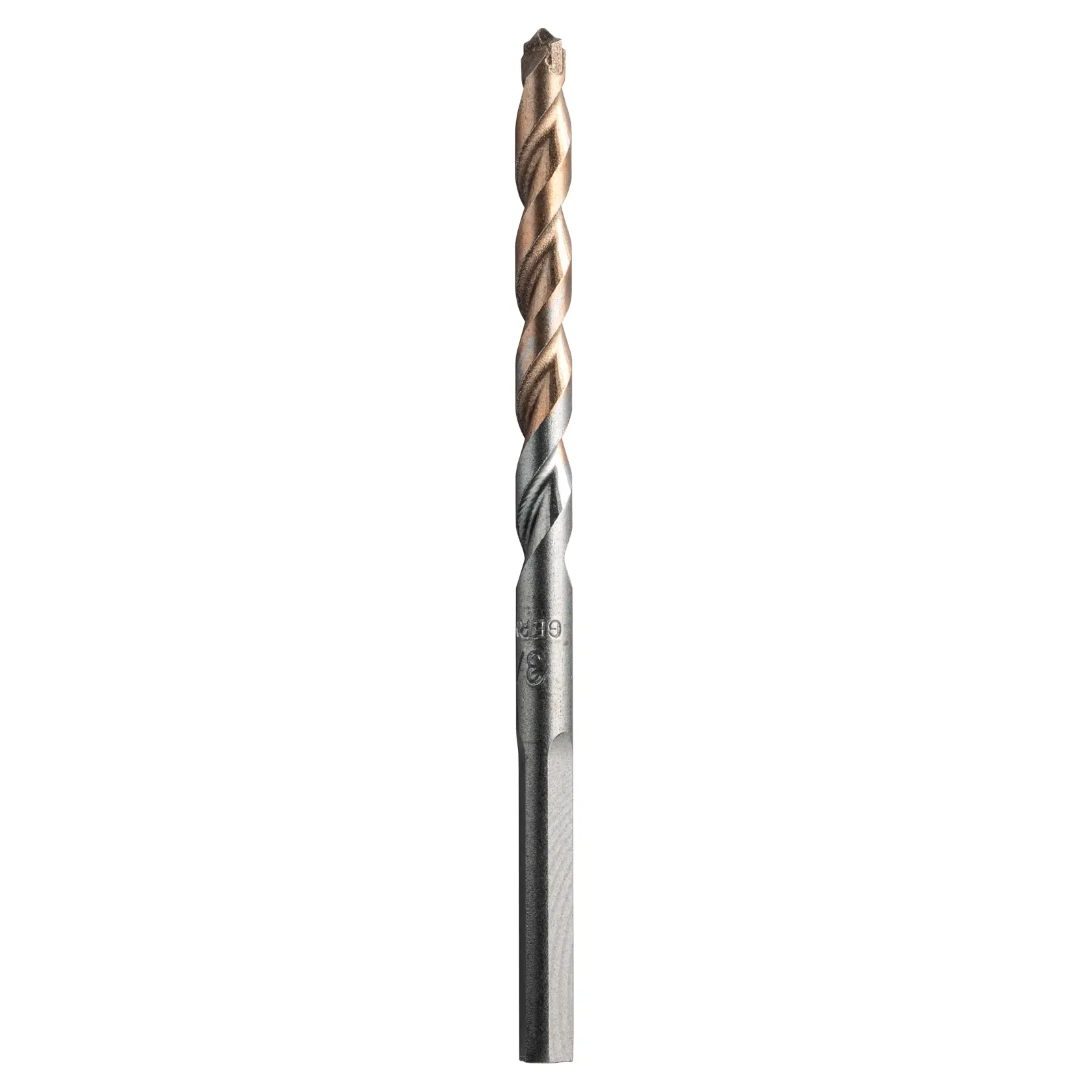 A DEWALT masonry drill bit with a carbide tip, featuring a spiral flute design, isolated on a white background.