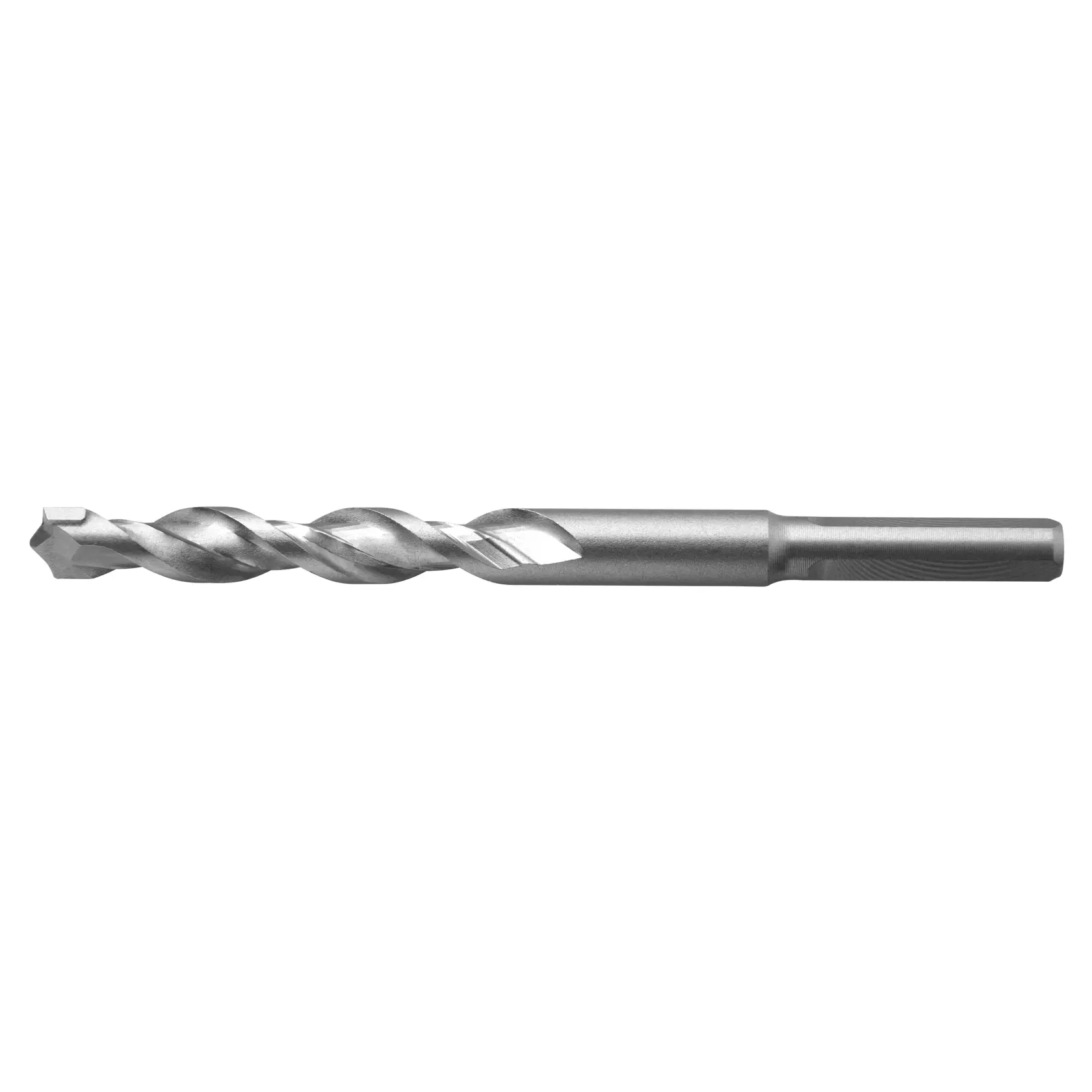 A single metal masonry drill bit with a spiral flute and a hexagonal shank, designed for use with power drills.