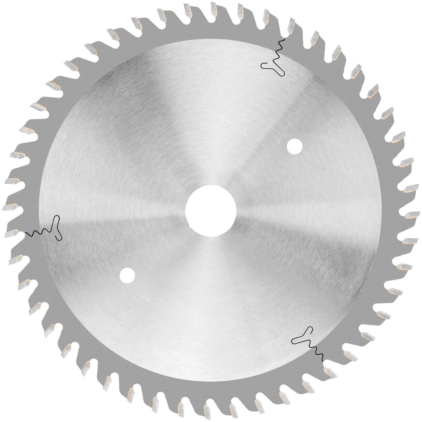 A close-up image of a circular saw blade with sharp teeth and a central hole, made from shiny metal. The blade has small holes and wavy lines etched near the edge.