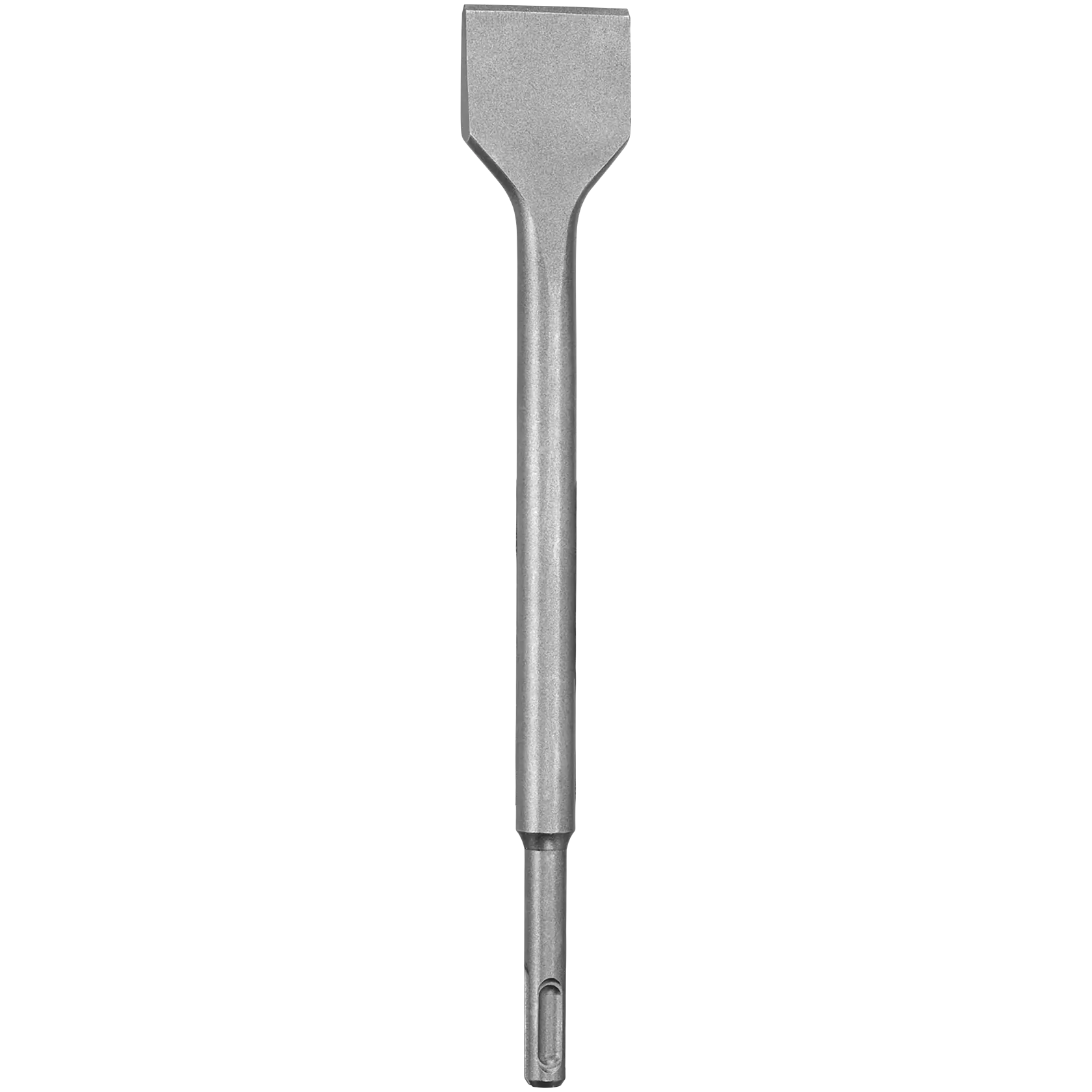 A flat chisel bit made of metal, designed for use with a power tool such as a hammer drill. The chisel has a wide, flat blade at the top and a round shank with a slot at the bottom for connecting to the tool.