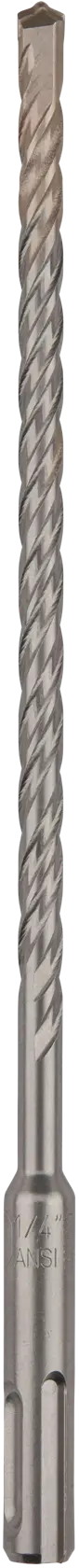 A metal SDS drill bit with a spiral design, shown vertically on a white background.