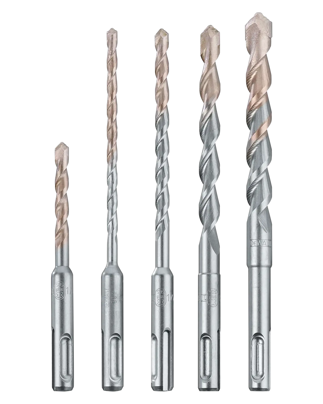 A set of five DEWALT SDS drill bits of varying sizes arranged upright in a row on a white background.