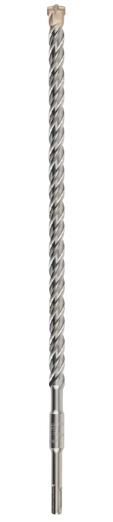 A long, silver-colored masonry drill bit with a spiral flute design and a carbide tip, suitable for hammer drills.