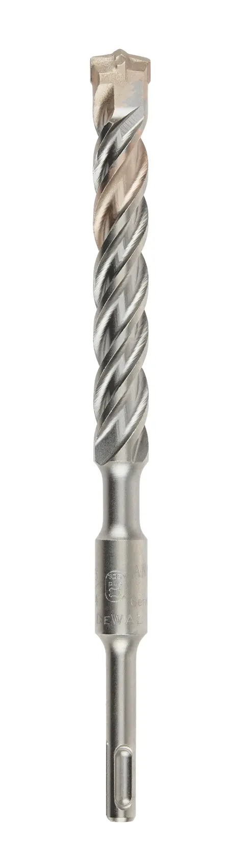 A single DEWALT masonry drill bit with a spiral flute design and an SDS-plus shank, shown vertically against a white background.