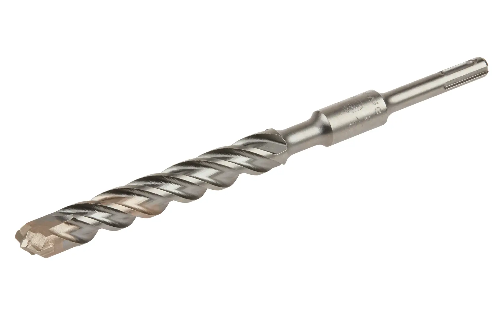 A DEWALT SDS-Plus masonry drill bit with a spiral flute design, used for drilling into concrete, stone, and brick.