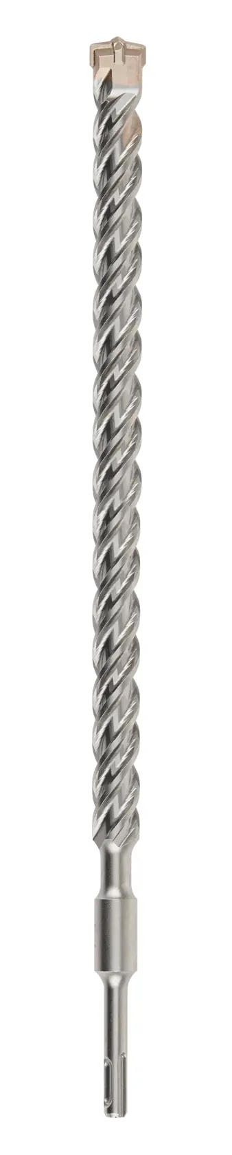 A single long, spiral silver drill bit designed for masonry or concrete work, shown against a white background.