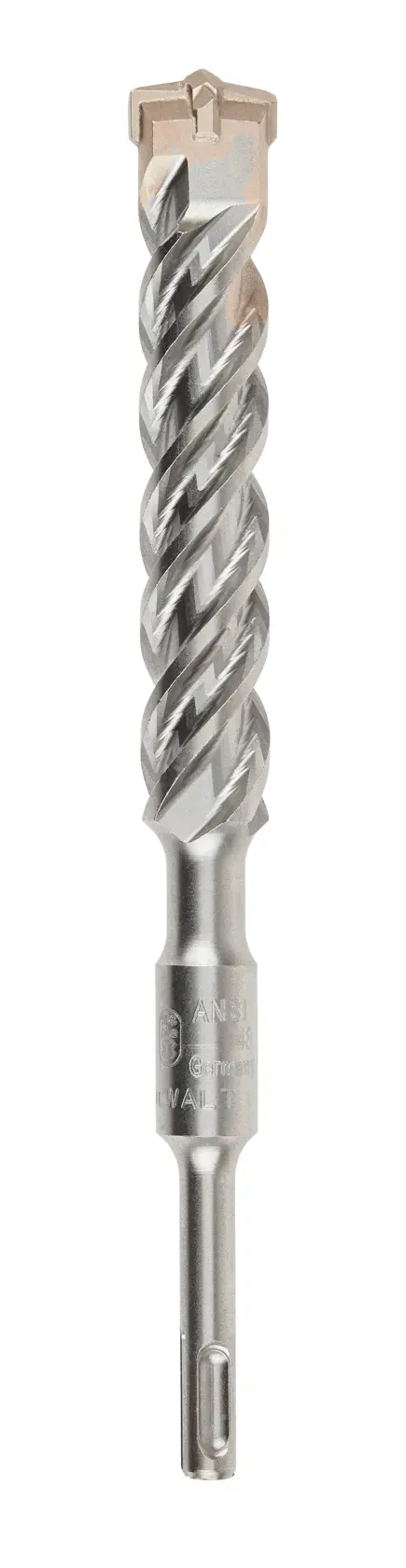 A close-up image of a DEWALT SDS-Plus masonry drill bit with a spiral fluted design and carbide tip, used for drilling into concrete, stone, and masonry materials.