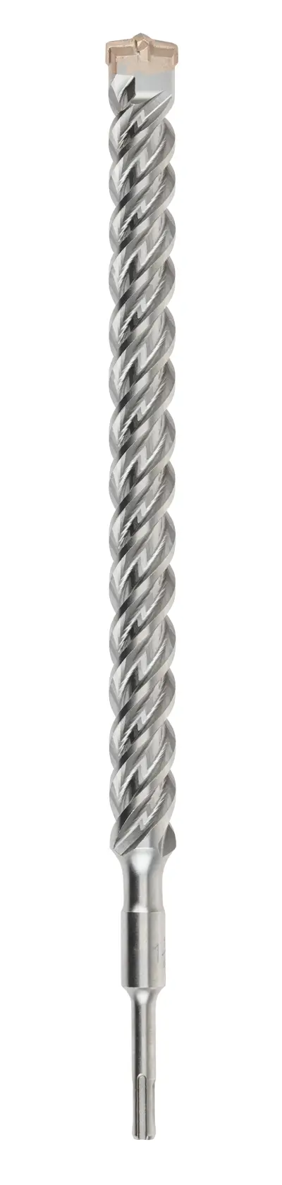 A DeWalt SDS-plus rotary hammer drill bit with a silver spiral fluted shaft and a carbide tip, designed for masonry and concrete drilling.