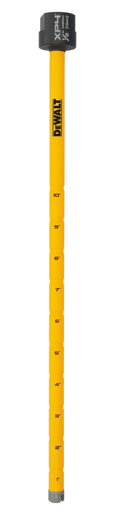 A yellow DEWALT telescoping measuring rod, used in photography and surveying, with black markings for feet and a black top section labeled XP4.