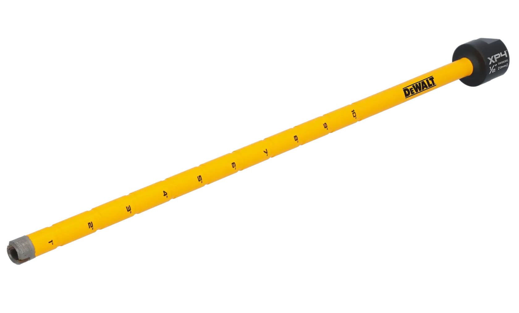 A DEWALT branded yellow extension pole marked with black numbers, used for photography, shown against a white background.