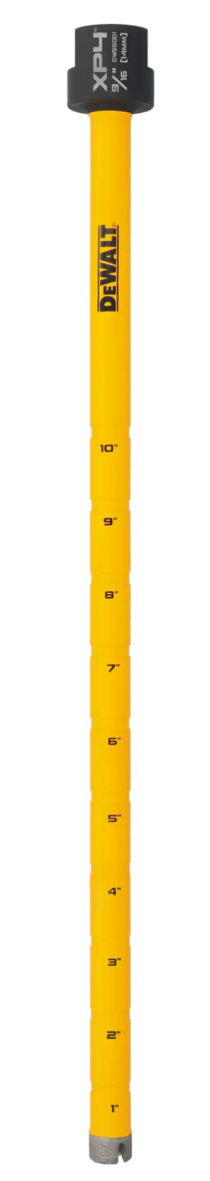 A yellow DEWALT XP4 drill bit marked with length measurements from 1 to 10 inches, featuring a black top and visible branding.