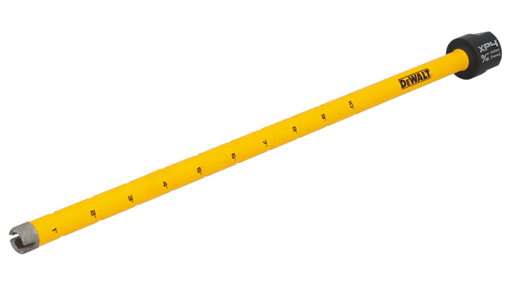 A DEWALT branded yellow drill bit with black markings, designed for masonry or concrete drilling, featuring a carbide tip and XP4 technology.