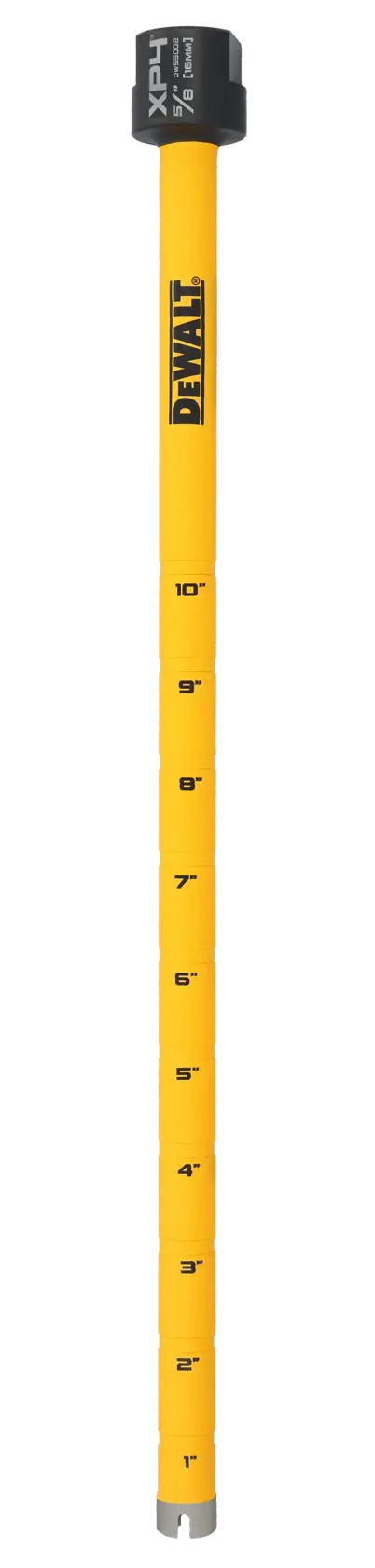 A yellow DEWALT drill bit extender, marked with inch measurements from 1 to 10, with a black cap labeled XP4 at the top.