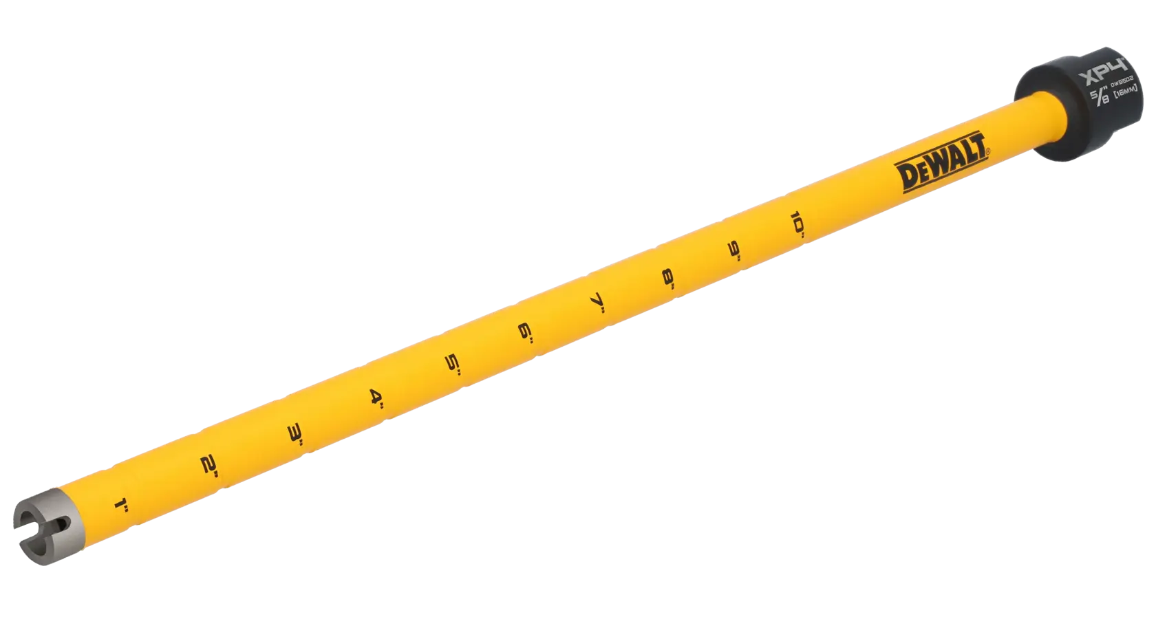 A DEWALT branded yellow masonry drill bit with measurement markings and a metal tip, shown against a white background.