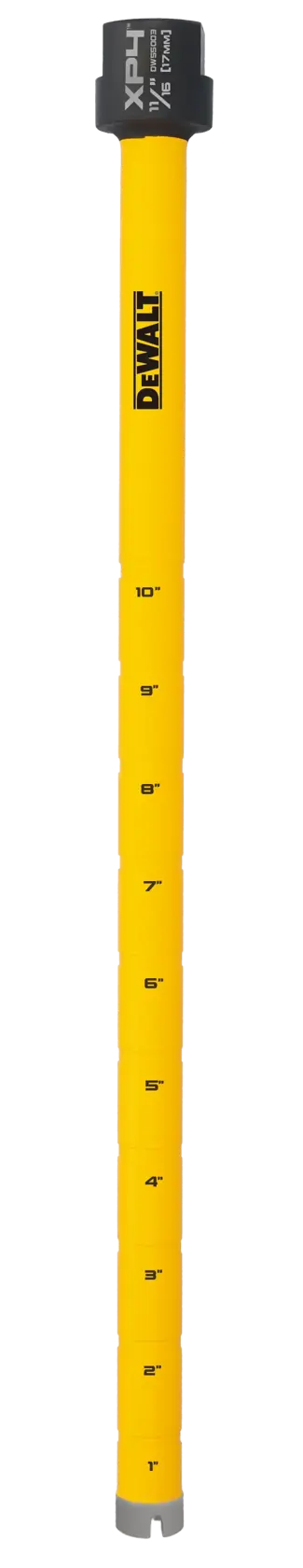 A yellow DEWALT product, resembling a long cylindrical rod with marked inch measurements from 1 to 10 and 'XPH 1/2 Power' written at the top.