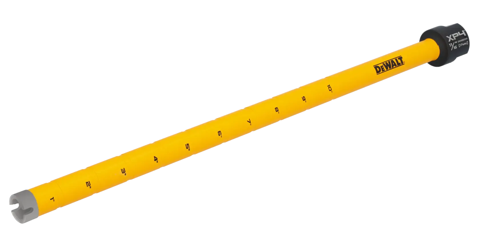 A yellow DEWALT branded tool, likely a drill bit extension or specialty tool, with measurement markings along its length and a gray metal end.