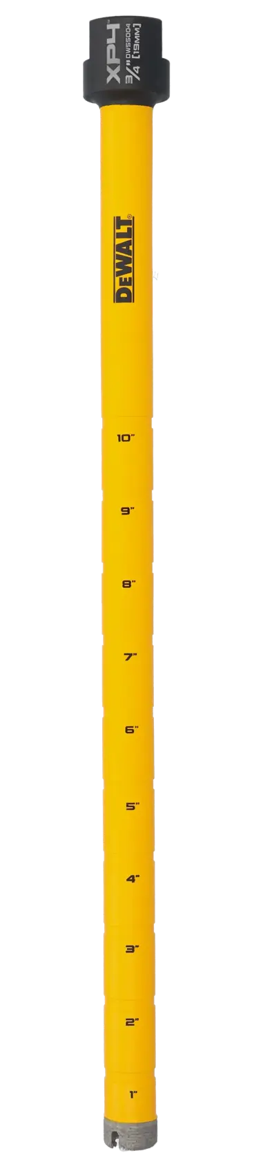 A yellow DEWALT XP4 measuring rod with inch markings, used in photography and surveying for leveling and measuring height.