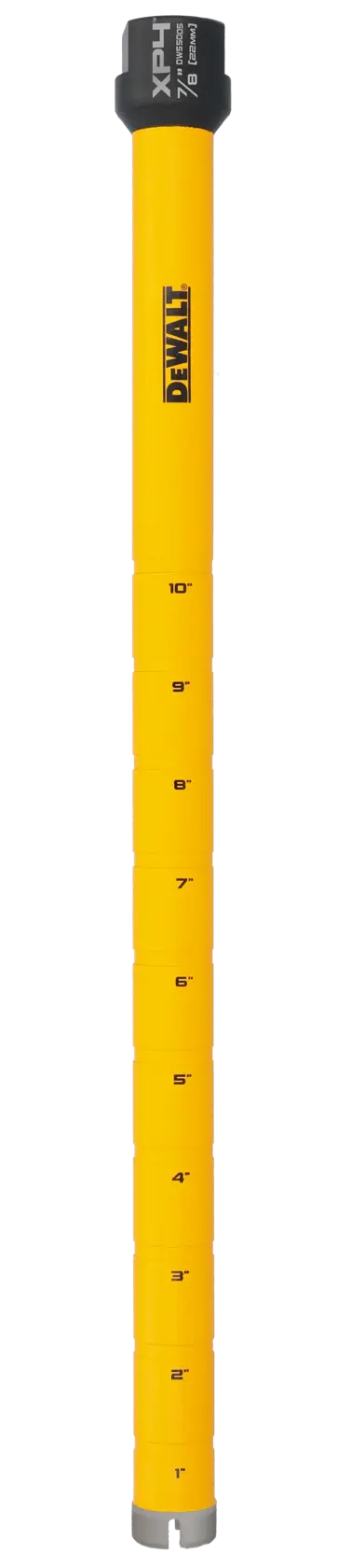 A DEWALT branded yellow telescoping rod marked with measurements from 1 to 10 feet, featuring a black cap labeled XPH 7.0, used in photography or surveying applications.