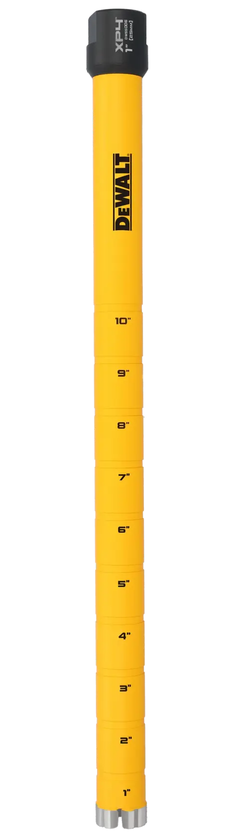 A yellow DEWALT-branded extension pole with black and silver ends, marked with inch measurements from 1 to 10 along its length.