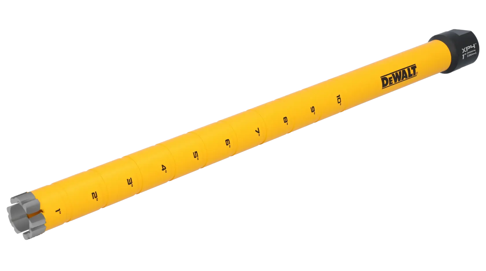 A yellow DEWALT tool labeled XP-H with measurement markings from 1 to 10 along its length, featuring a gray end tip and a black cap at the opposite end.