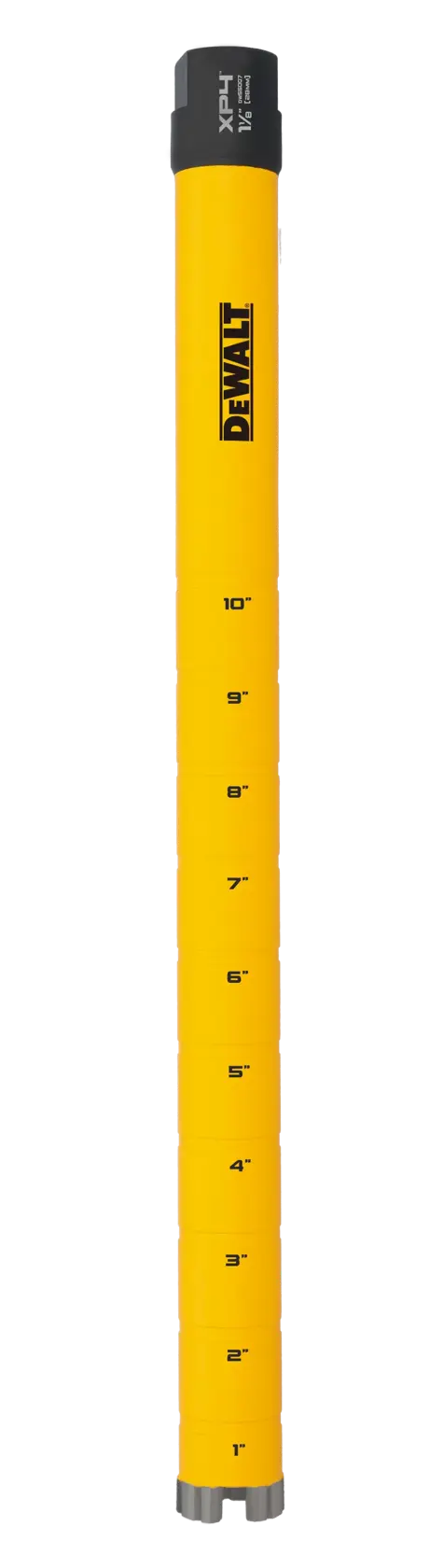 A yellow DEWALT core drill bit extension with inch markings from 1 to 10 and a black cap at the top.