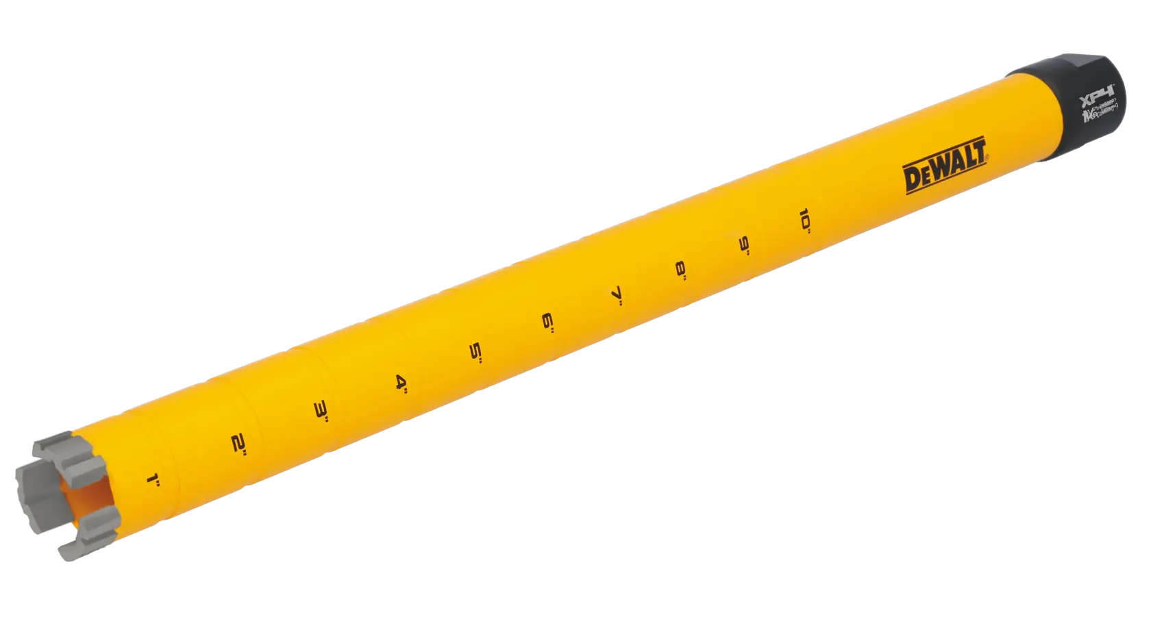 A yellow DEWALT measuring tool or accessory with black markings for measurements and a black end cap. The product is cylindrical and features a series of numbers running along its length.