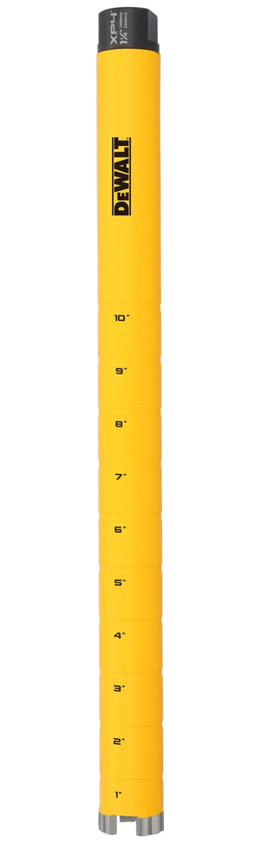 A yellow DEWALT telescoping rod marked with measurement increments from 1 foot to 10 feet, used for photography or construction alignment tasks.
