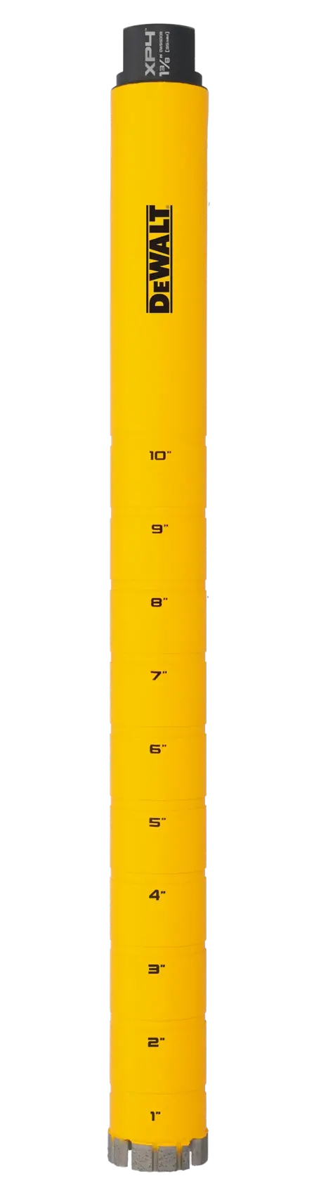 A yellow cylindrical DEWALT tool with length measurements marked from 1 inch to 10 inches along its side, designed for drilling or construction purposes.